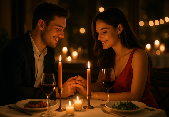 Zaljubljen, elegantno oblečen par sedi v rezervaciji in uživa v romantičnem večeru.